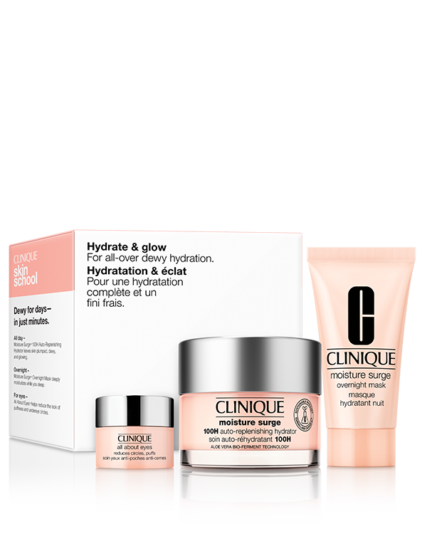 Moisture Surge™ Hydrate and Glow Set, Le coffret comprend:&lt;br&gt;&lt;br&gt;Moisture Surge™100H Auto-Replenishing Hydrator, 50ml&lt;br&gt;Moisture Surge™ Overnight Mask, 30ml&lt;br&gt;All About Eyes™, 5ml